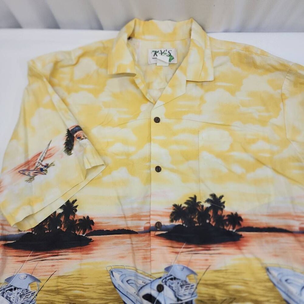 Ky's Size XL Sunset Cruising Yellow Cotton Poplin Men's Hawaiian Shirt M5